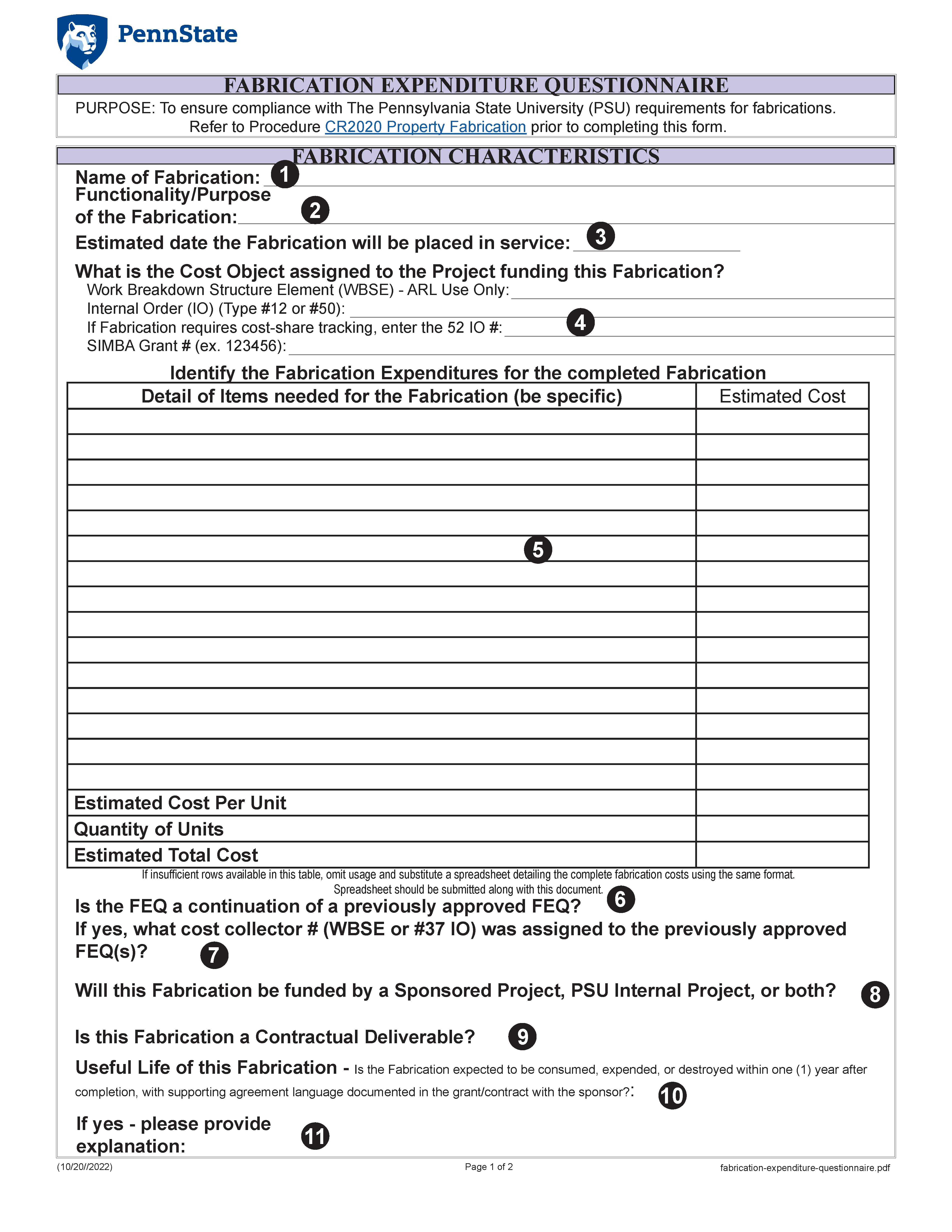 Image of Fabrication Expenditure Questionnaire Exhibit Page 1